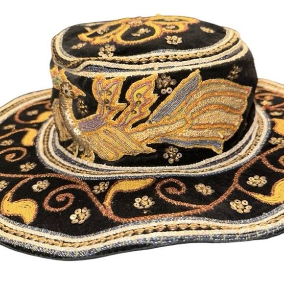 Vintage Myanmar Burmese Burma Kalaga floppy Hat Phoenix Sequins Embroidery. - Picture 5 of 12
